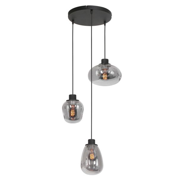 Hanglamp Reflexion 3079ZW zwarte 3 lichts vide lamp met smoke glas