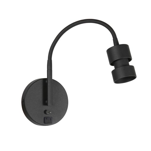 Upround 3517ZW wandlamp zwart met 2 x USB en flexibele arm