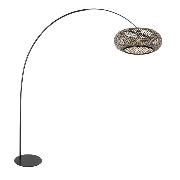 Vloerlamp Curve 4274ZW - zwarte booglamp met natuurlijk gevlochten zwart/beige bamboe