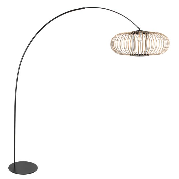 Vloerlamp Curve 4518ZW - zwarte booglamp met bamboe kap