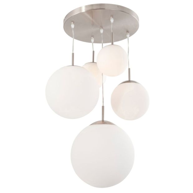Hanglamp Bollique 7376ST staal 5 lichts met mat wit glas