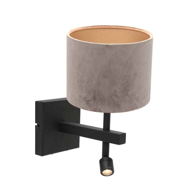 Zwarte wandlamp Stang 8206ZW met leeslamp en grijs velours kap