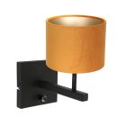 Zwarte wandlamp Stang 8176ZW met schakelaar en goud velours stof kap