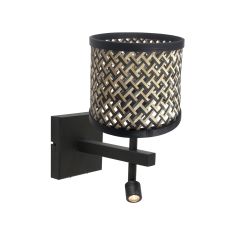 Applique murale noire Stang 3701ZW avec liseuse et abat-jour en bambou naturel noir